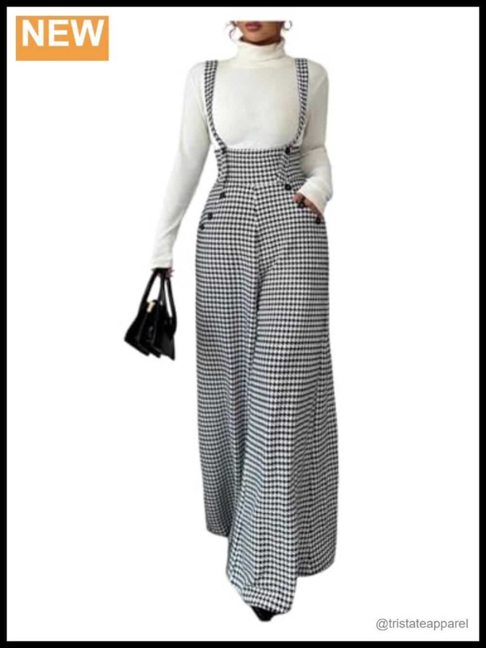 Houndstooth Suspender Jumpsuit Wide Leg Overall Pants Dressy Work